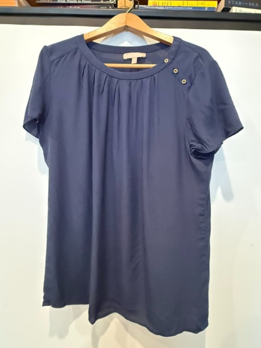 Banana Republic navy pleated-neck short-sleeve top